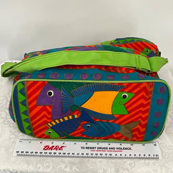 Laurel Burch Fish Print Canvas Handbag With Bamboo Handles & Detachable Strap - Picture 12 of 13